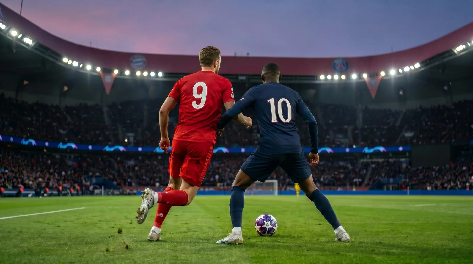 : Vista de costas de dois jogadores de futebol, números 9 e 10, em disputa de bola durante uma partida noturna em um estádio lotado. O céu apresenta tons de pôr do sol rosado e a iluminação dos refletores destaca o gramado verde vibrante.